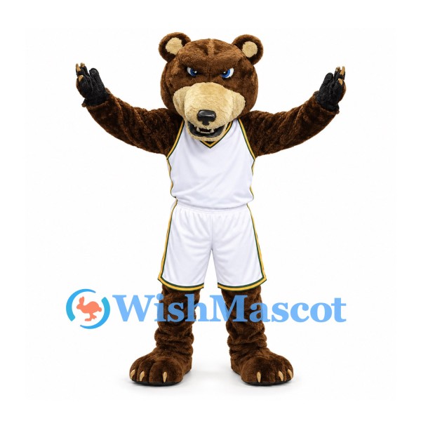 Bear Mascot Costume in Dark Brown with White Basketball Uniform and Black Paws