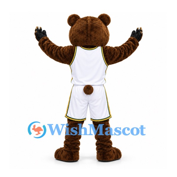 Bear Mascot Costume in Dark Brown with White Basketball Uniform and Black Paws
