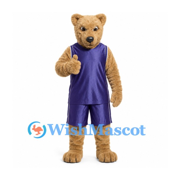 Bear Mascot Costume in Tan with Purple Basketball Uniform