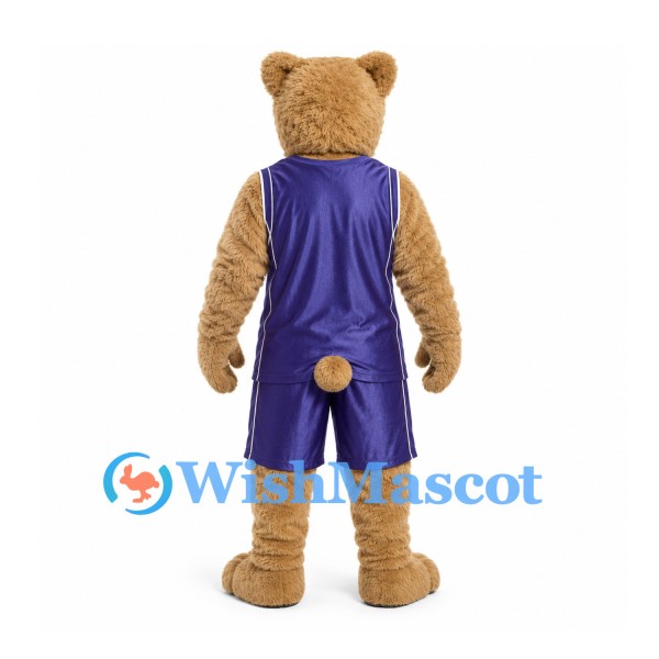Bear Mascot Costume in Tan with Purple Basketball Uniform