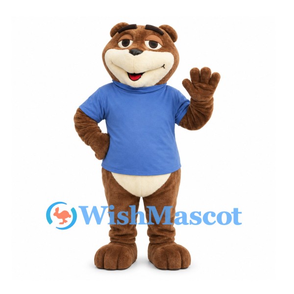 Bear Mascot Costume in Brown with Blue Shirt and Cream Belly