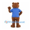 Bear Mascot Costume in Brown with Blue Shirt and Cream Belly