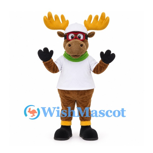 Moose Mascot Costume with White Cap and Shirt and Green Scarf