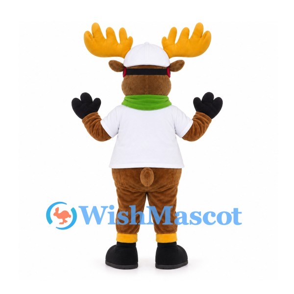 Moose Mascot Costume with White Cap and Shirt and Green Scarf