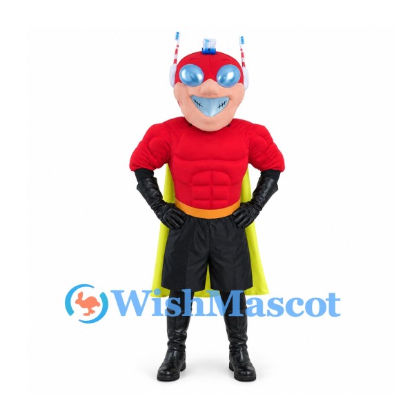 Superhero Mascot Costume with Red Helmet and Yellow Cape