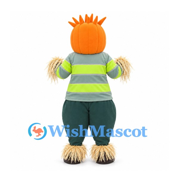 Pumpkin Scarecrow Mascot Costume with Green Striped Shirt and Straw Trim