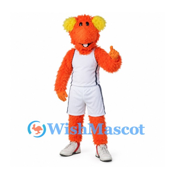 Bear Mascot Costume in Orange with Yellow Ears and White Sports Uniform