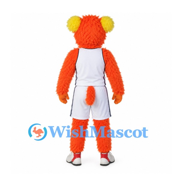 Bear Mascot Costume in Orange with Yellow Ears and White Sports Uniform