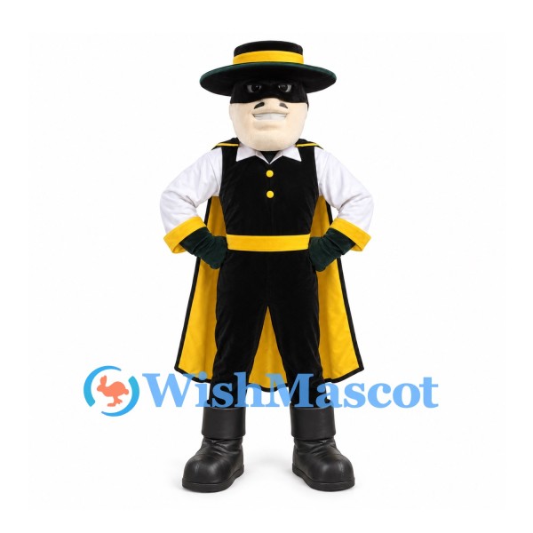 Masked Bandit Mascot Costume with Black Hat and Yellow Cape