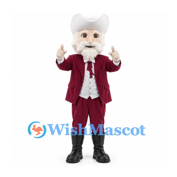 Cowboy Mascot Costume with White Beard and Burgundy Suit