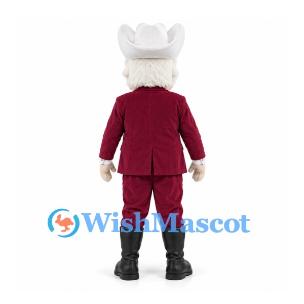 Cowboy Mascot Costume with White Beard and Burgundy Suit
