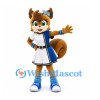 Squirrel Mascot Costume with Blue Bow and White Cheerleader Dress