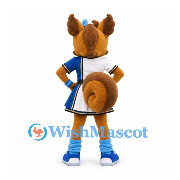 Squirrel Mascot Costume with Blue Bow and White Cheerleader Dress