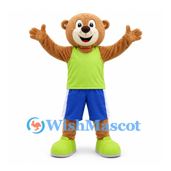 Bear Mascot Costume with Lime Shirt and Blue Shorts