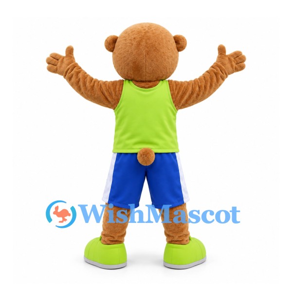 Bear Mascot Costume with Lime Shirt and Blue Shorts