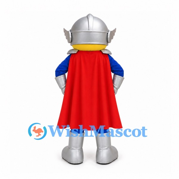 Knight Mascot Costume with Silver Helmet and Blue Suit with Red Cape