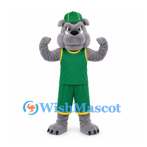 Bulldog Mascot Costume in Gray with Green Basketball Uniform and Cap