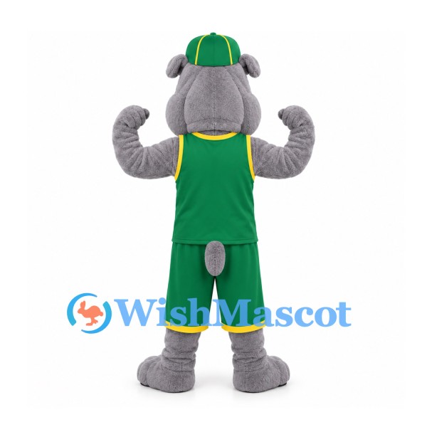 Bulldog Mascot Costume in Gray with Green Basketball Uniform and Cap