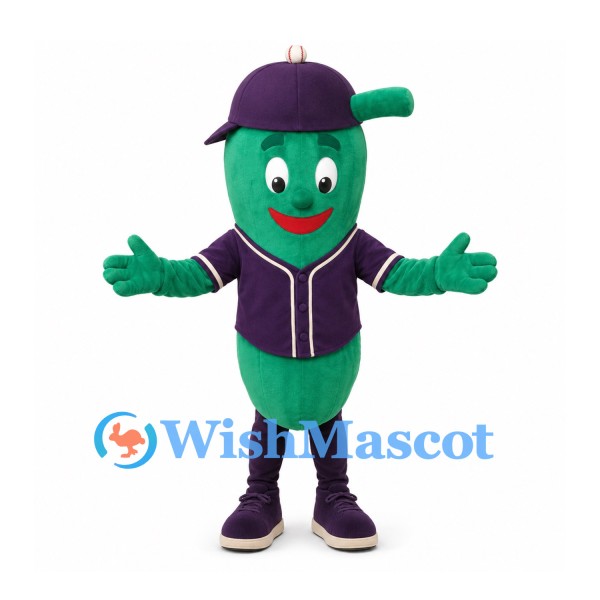 Cucumber Mascot Costume with Purple Baseball Cap and Shirt