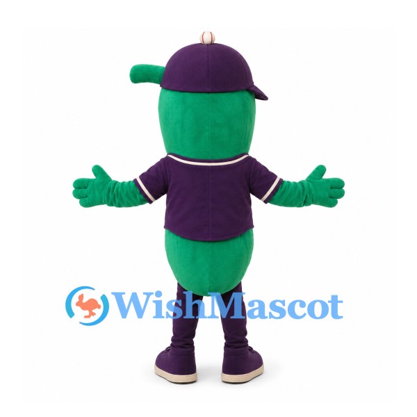 Cucumber Mascot Costume with Purple Baseball Cap and Shirt