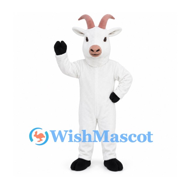 Goat Mascot Costume in White with Pink Horns and Black Hooves