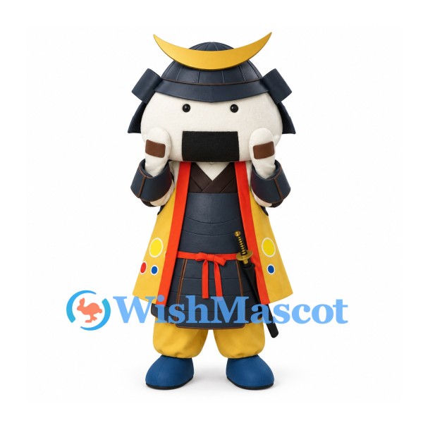 Samurai Rice Ball Mascot Costume with Gold Crescent Helmet and Layered Armor