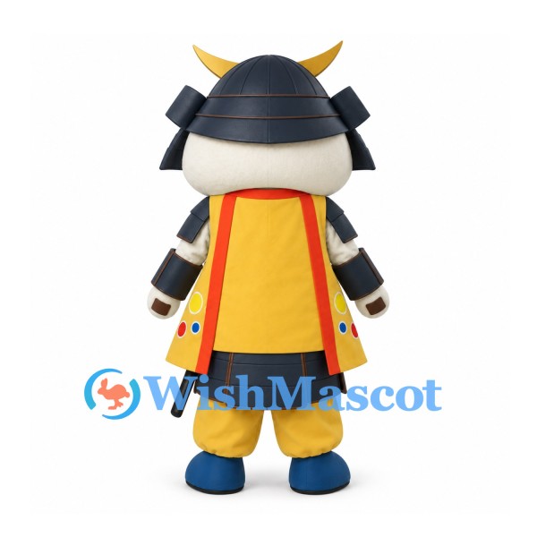 Samurai Rice Ball Mascot Costume with Gold Crescent Helmet and Layered Armor
