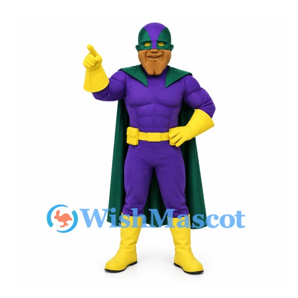 Superhero Mascot Costume with Purple Muscular Suit and Green Cape