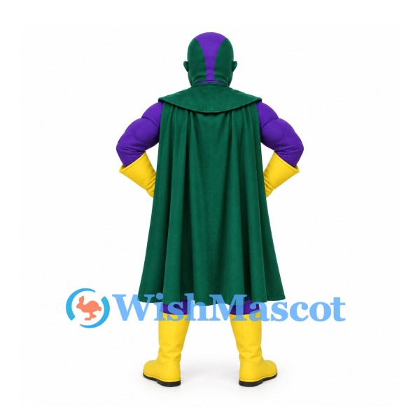 Superhero Mascot Costume with Purple Muscular Suit and Green Cape