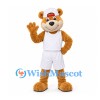 Bear Mascot Costume in Tan with White Cap and Basketball Uniform