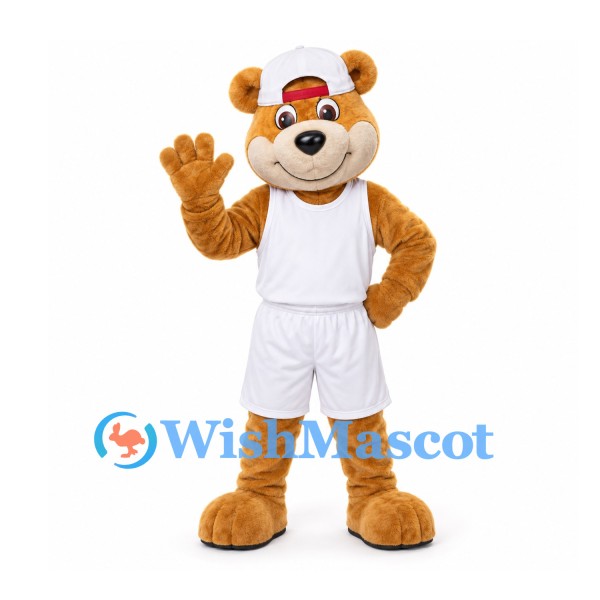 Bear Mascot Costume in Tan with White Cap and Basketball Uniform
