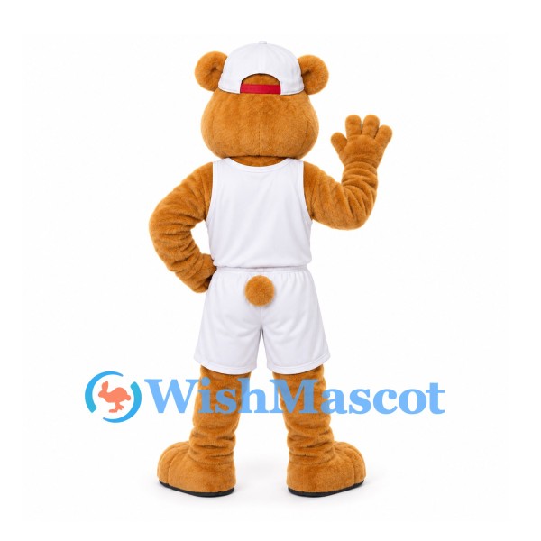 Bear Mascot Costume in Tan with White Cap and Basketball Uniform