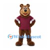 Bear Mascot Costume in Brown with Burgundy Sports Shirt