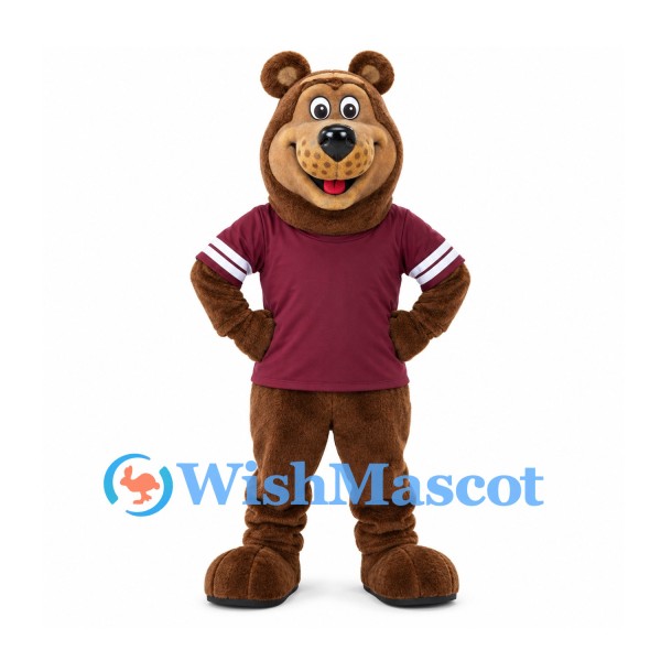Bear Mascot Costume in Brown with Burgundy Sports Shirt
