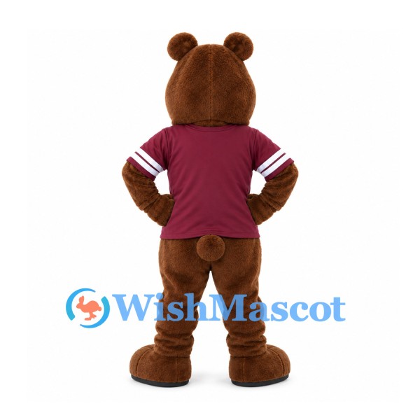 Bear Mascot Costume in Brown with Burgundy Sports Shirt