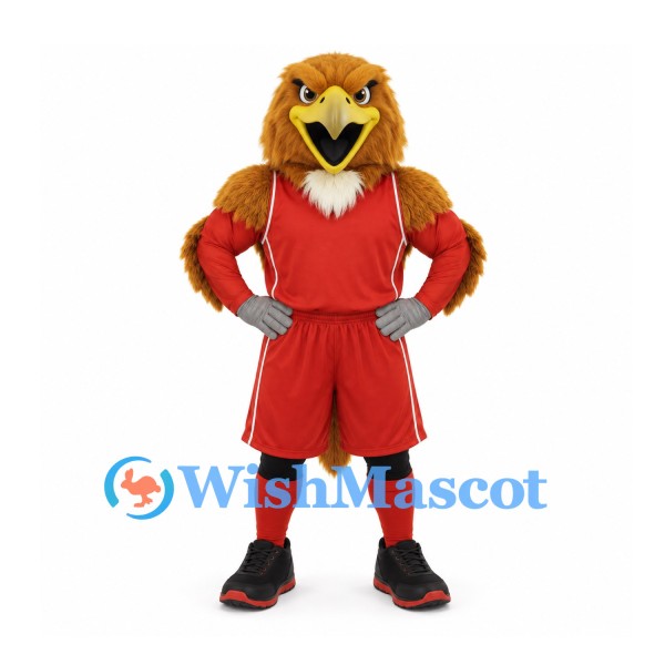 Eagle Mascot Costume in Brown with Red Basketball Uniform