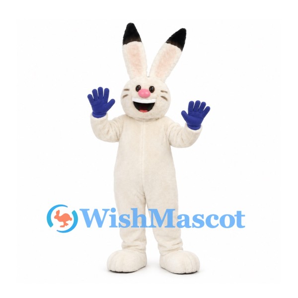 Rabbit Mascot Costume in White with Black Ear Tips and Blue Gloves