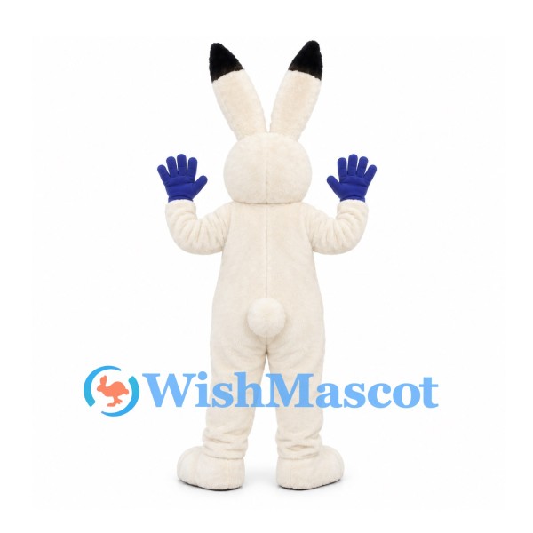 Rabbit Mascot Costume in White with Black Ear Tips and Blue Gloves