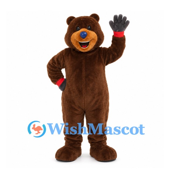 Bear Mascot Costume in Brown with Blue Nose and Gray Gloves