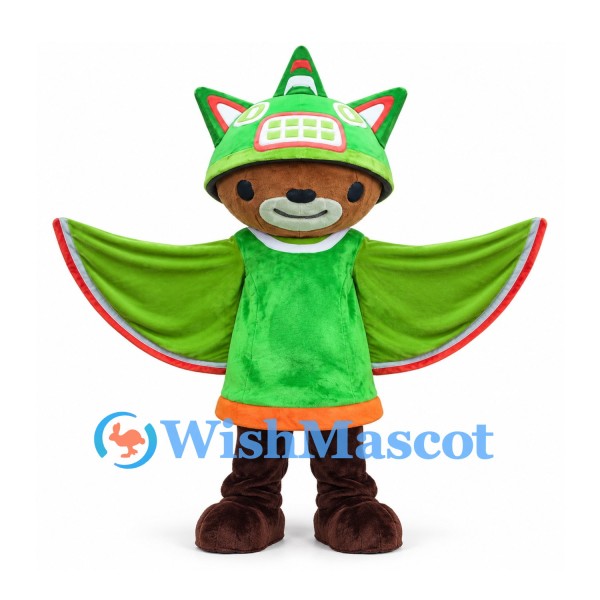 Flying Squirrel Mascot Costume with Green Wing Cape and Helmet