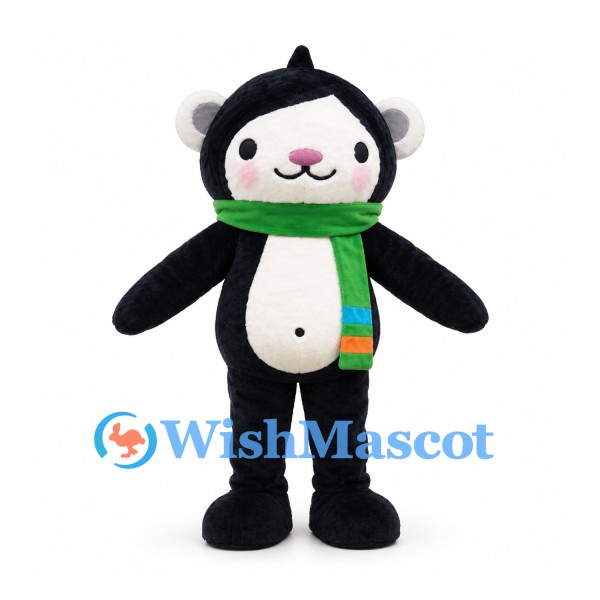 Bear Mascot Costume in Black with Green Scarf and White Face