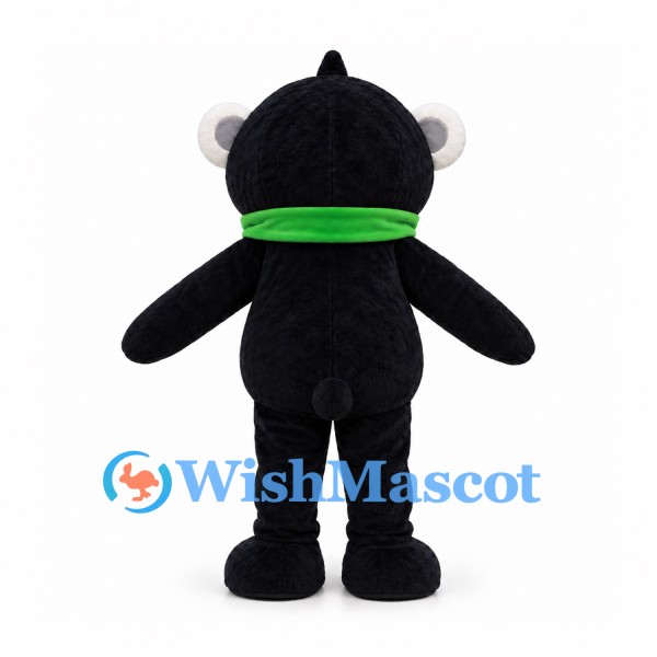 Bear Mascot Costume in Black with Green Scarf and White Face