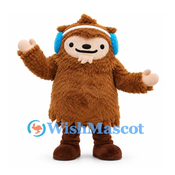 Bigfoot Mascot Costume in Brown with Blue Earmuffs and Cream Beard