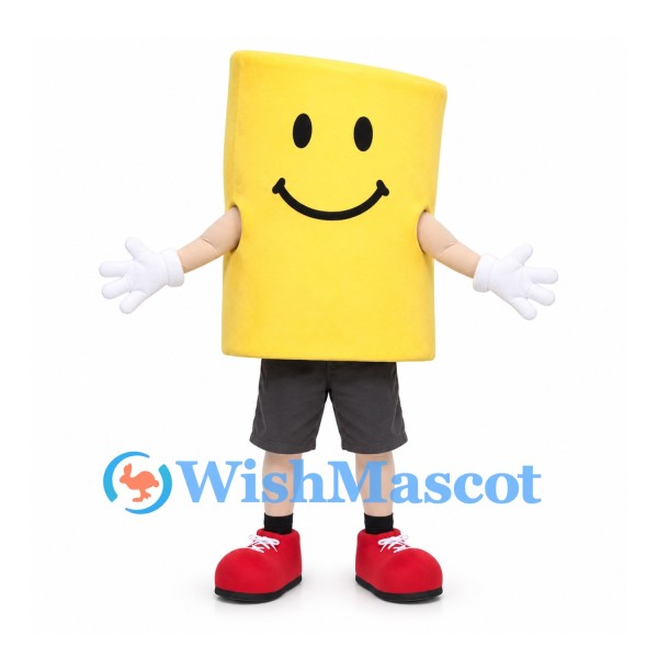 Yellow Block Mascot Costume with Smiling Face and Black Shorts