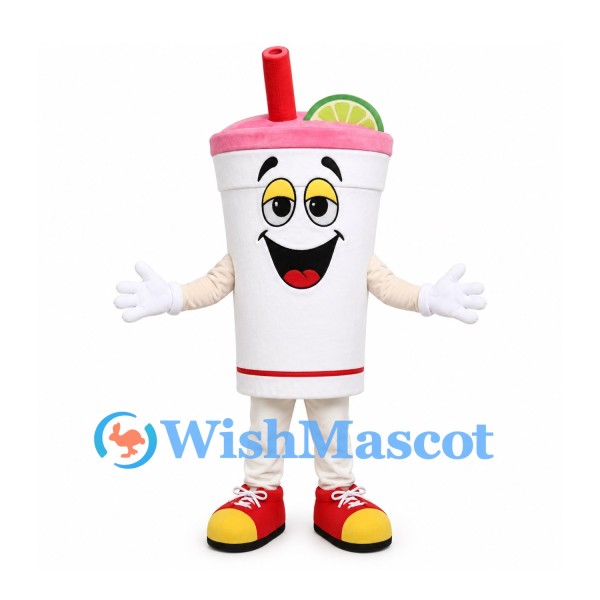Drink Cup Mascot Costume with Pink Lid Red Straw and Lime Slice