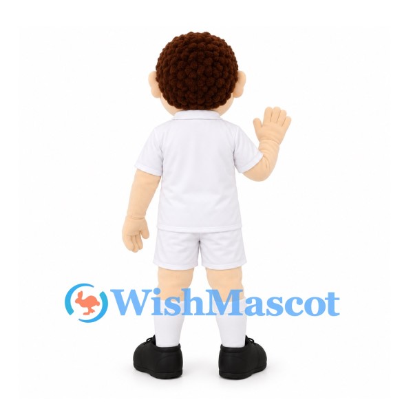 Boy Mascot Costume with Curly Brown Hair and White Soccer Uniform