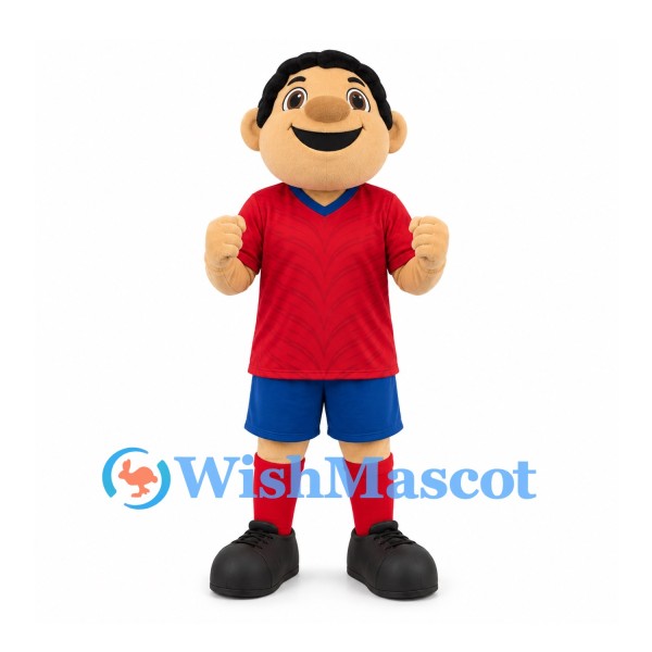 Boy Mascot Costume with Black Hair and Red Soccer Shirt