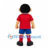Boy Mascot Costume with Black Hair and Red Soccer Shirt