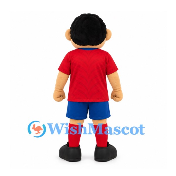 Boy Mascot Costume with Black Hair and Red Soccer Shirt
