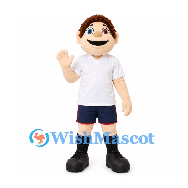 Boy Mascot Costume with Brown Hair and White Shirt with Navy Shorts